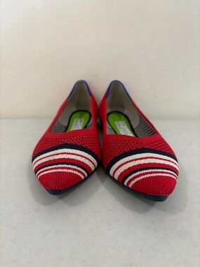 Rothy's Red Knit Pointed Toe Flats with Navy and White Stripes